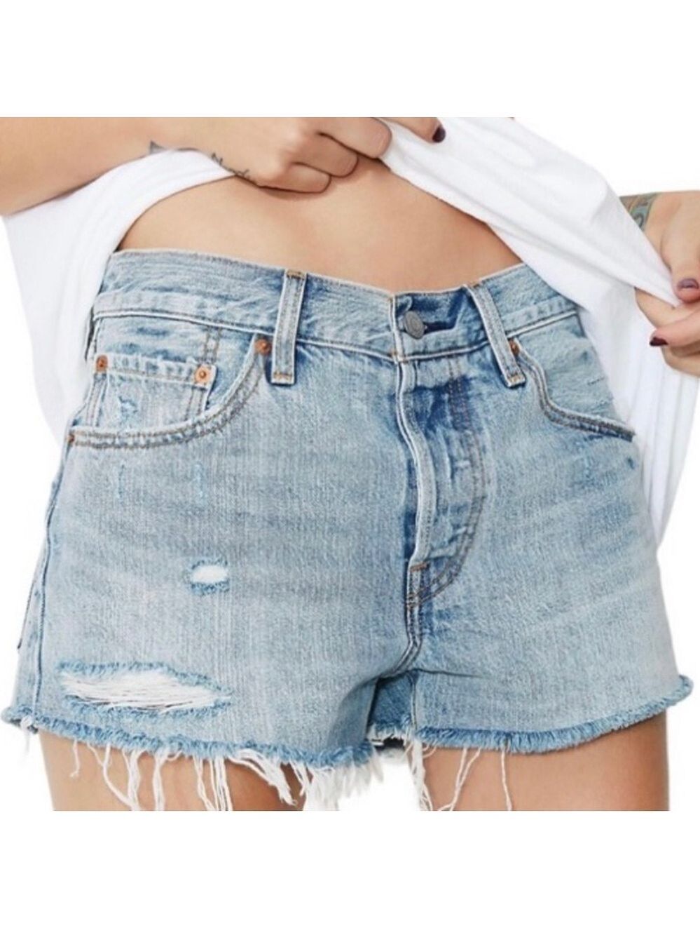 Levis 501 Button Fly Denim Distressed Jean Shorts Cutoffs High Waisted Size 27